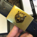 Gucci 古驰 爆款 织带拼皮 虎头图案五金搭扣 男士腰带 红绿织带黑皮