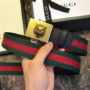 Gucci 古驰 官网同步爆款 织带拼皮 男士腰带 虎头带扣