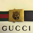 Gucci 古驰 官网同步爆款 织带拼皮 男士腰带 虎头带扣