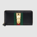 476083 GUCCI Sylvie 系列 皮革 红绿尼龙织带拼皮 全拉链式皮夹 黑色