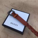 GUCCI 古驰 2017畅销 复古老虎头扣 编织细节 女士腰带 棕色