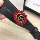 Gucci 模特走秀款 红色水晶 双G带扣 皮革腰带 黑色