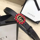 Gucci 模特走秀款 红色水晶 双G带扣 皮革腰带 黑色