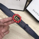 Gucci 模特走秀款 红色水晶 双G带扣 皮革腰带 深蓝色