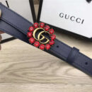 Gucci 模特走秀款 红色水晶 双G带扣 皮革腰带 深蓝色