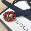 Gucci 模特走秀款 红色水晶 双G带扣 皮革腰带 深蓝色