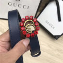 Gucci 模特走秀款 红色水晶 双G带扣 皮革腰带 深蓝色