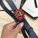 Gucci 模特走秀款 红色水晶 双G带扣 皮革腰带 深蓝色