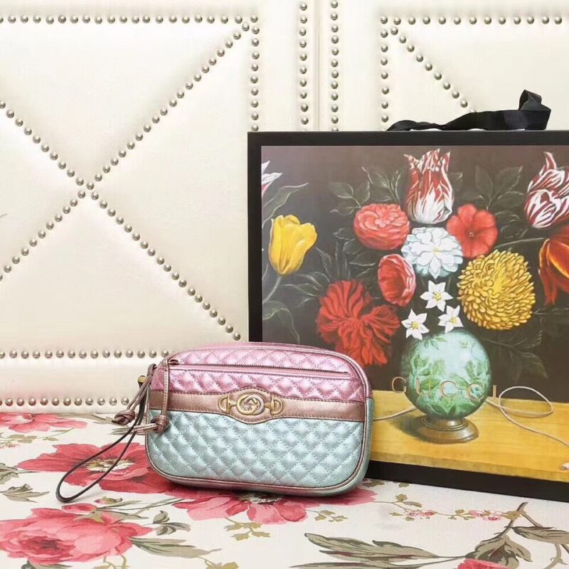 540985 GUCCI 2018早秋 微粒珠光小羊皮 拼色小方包 粉拼绿 - Image 7
