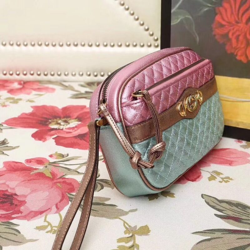 540985 GUCCI 2018早秋 微粒珠光小羊皮 拼色小方包 粉拼绿 - Image 10