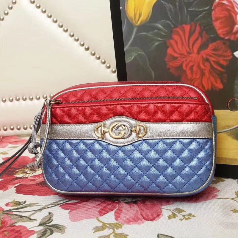 540985 GUCCI 2018早秋 微粒珠光小羊皮 拼色小方包 红拼蓝 - Image 9