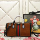 524532 Gucci Ophidia系列 麂皮 条纹织带 GG标识 古驰波士顿手提包 棕色