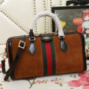524532 Gucci Ophidia系列 麂皮 条纹织带 GG标识 古驰波士顿手提包 棕色