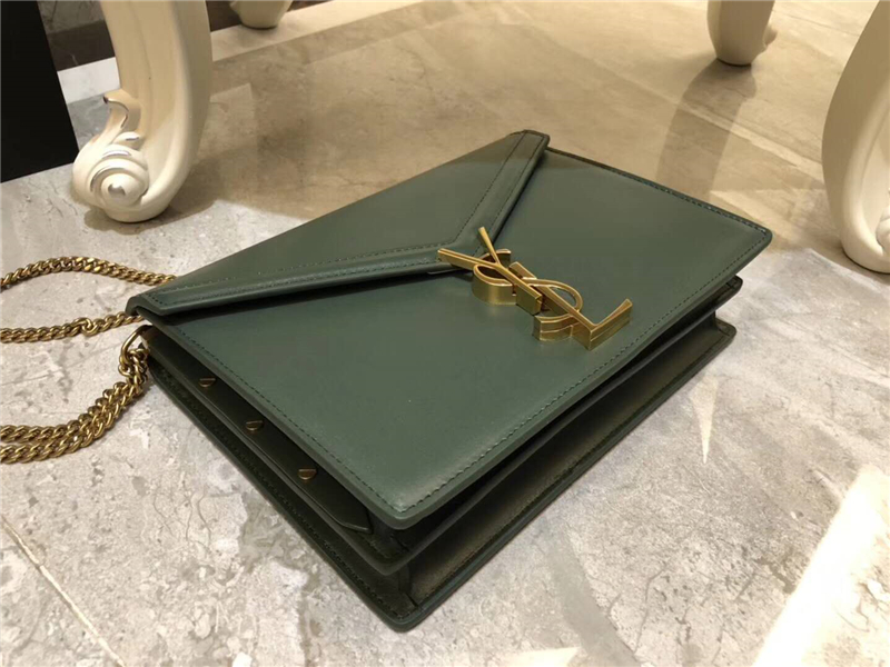 532750 YSL女袋 CASSANDRA 中号 字母标志 拉头光面 圣罗兰信封皮包 深绿色
