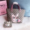 410812 Gucci手袋 卡通猫咪图案 布纹牛皮 古驰mini购物袋 粉色
