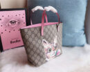 410812 Gucci手袋 卡通猫咪图案 布纹牛皮 古驰mini购物袋 粉色
