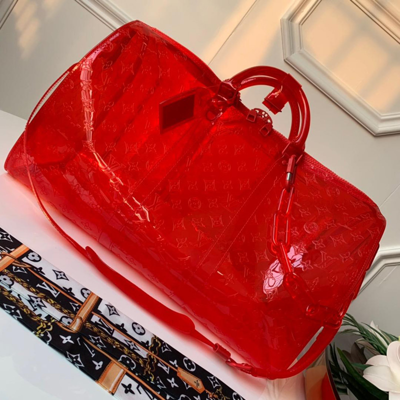 M53274 LV KEEPALL 50 旅行袋（配肩带）透明Monogram印花PVC旅行袋 红色