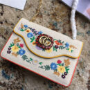 499617 Gucci单肩包 皮革花卉 猫咪刺绣 翻盖 古驰WOC链条包 白色