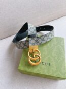 627055 Gucci 双G带扣双面腰带 GG Supreme蓝色帆布男士皮带 金扣