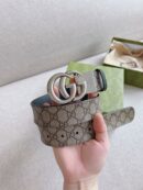 627055 Gucci双G带扣双面腰带 乌木色GG Supreme帆布男士皮带 银扣