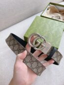 627055 Gucci双G带扣双面腰带 乌木色GG Supreme帆布男士皮带 银扣