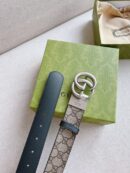 627055 Gucci双G带扣双面腰带 乌木色GG Supreme帆布男士皮带 银扣