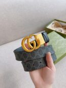 627055 Gucci双G带扣双面腰带 黑色GG Supreme帆布男士皮带 金扣