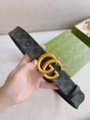627055 Gucci双G带扣双面腰带 黑色GG Supreme帆布男士皮带 金扣