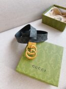 627055 Gucci双G带扣双面腰带 黑色GG Supreme帆布男士皮带 金扣
