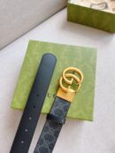 627055 Gucci双G带扣双面腰带 黑色GG Supreme帆布男士皮带 金扣