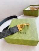 627055 Gucci双G带扣双面腰带 黑色GG Supreme帆布男士皮带 金扣
