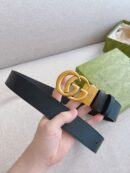 627055 Gucci 双G带扣双面腰带 GG Marmont系列黑色男士皮带 金扣