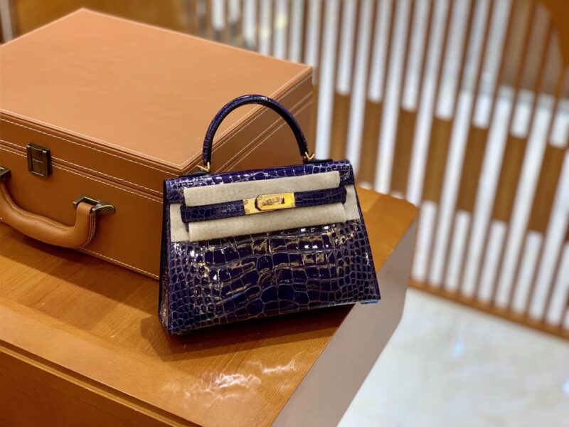爱马仕 迷你 2代 19cm 美洲鳄鱼 鸢尾蓝 墨水蓝 金扣 全手工缝制 新增现货 - Image 5