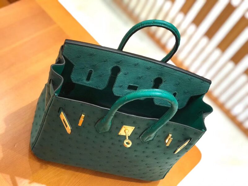 爱马仕 Birkin 25cm 缇香绿拼墨绿 鸵鸟皮 全手工缝制 - Image 8