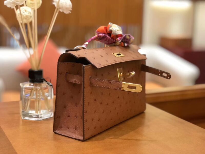 爱马仕 miniKelly 迷你凯莉 焦糖棕 南非kk级鸵鸟皮 金扣 22cm - Image 4
