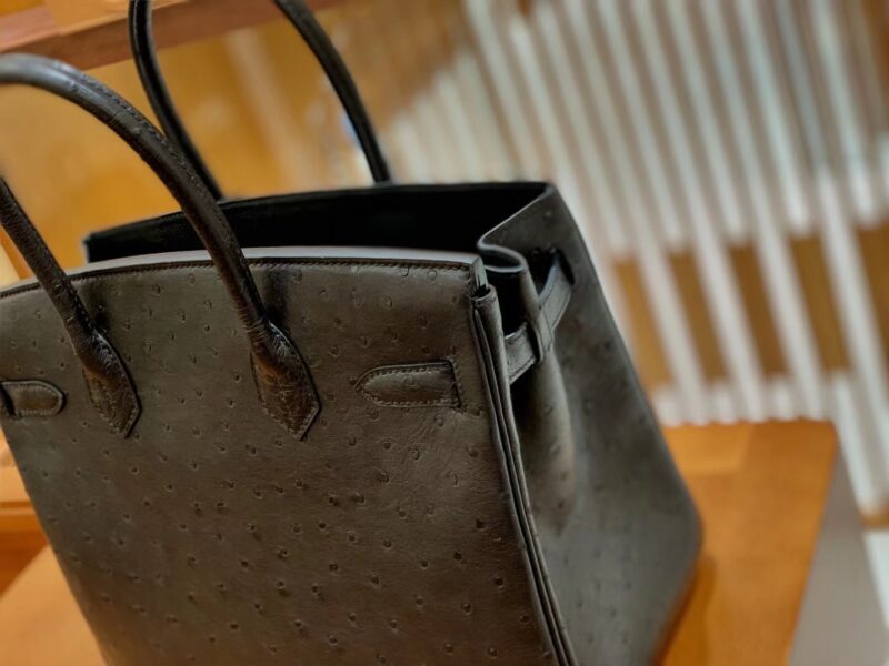 爱马仕 Birkin 30 鸵鸟皮 经典黑 银扣 全手工缝制 - Image 5