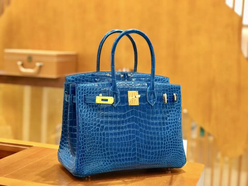 爱马仕 Birkin 铂金包 倒V 伊滋密尔蓝 湾鳄 25cm - Image 6