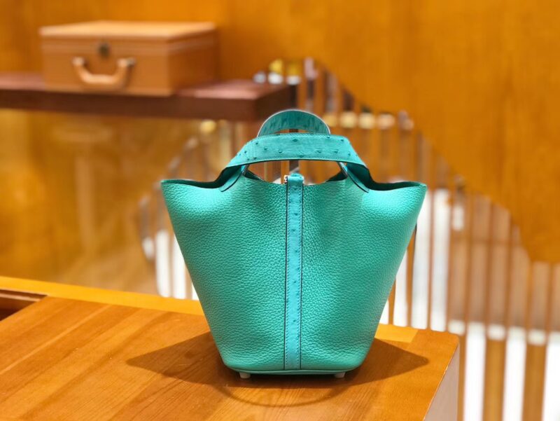爱马仕 菜篮子 18cm 维罗纳绿 鸵鸟皮拼togo牛皮 全手工缝制 现货 - Image 3