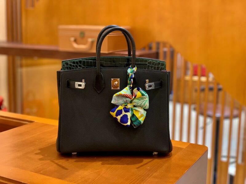 爱马仕 Birkin Touch 铂金包 经典黑 拼 祖母绿 牛皮拼鳄鱼皮 金扣 25cm