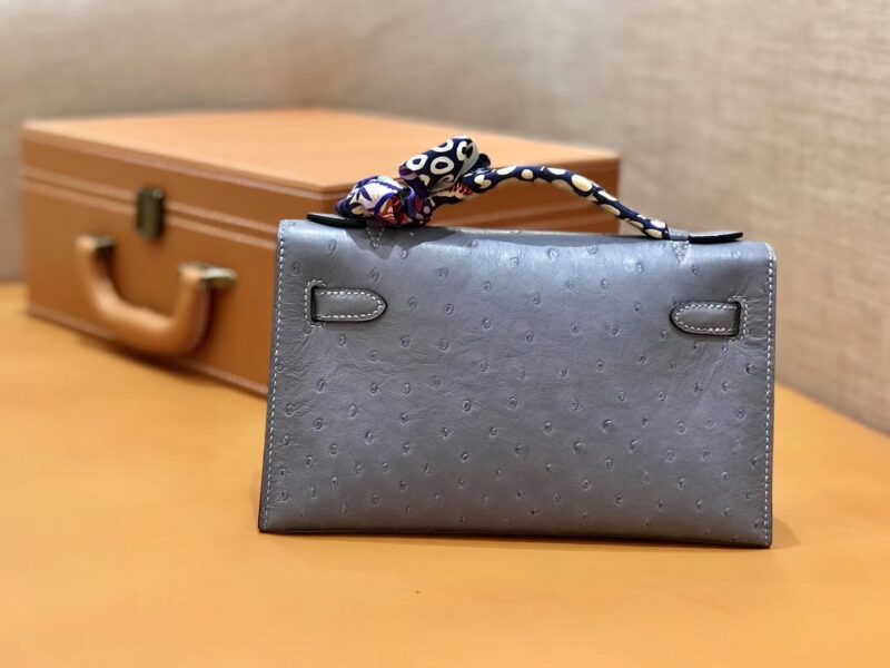 爱马仕 MiniKelly 迷你凯莉 冰川蓝 冰川灰 鸵鸟皮 1代 金扣 22cm - Image 3