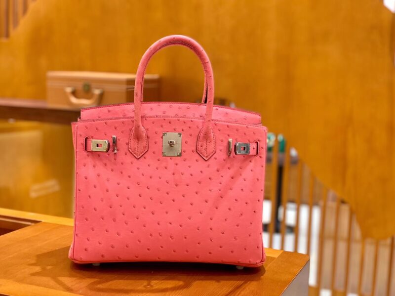 爱马仕 Birkin 铂金包 唇膏粉 鸵鸟皮 手缝工艺 银扣 30cm 现货