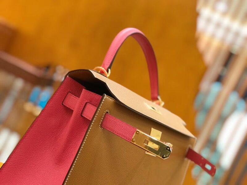 爱马仕 Kelly 28cm 金棕拼唇膏粉 Epsom 掌纹小牛皮 金扣 原版蜜蜡线 顶级手缝 - Image 4