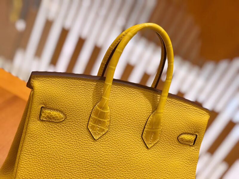 爱马仕 Birkin 25cm 琥珀黄 银扣 尼罗鳄鱼皮拼Togo牛皮 原版蜜蜡线 现货 - Image 6