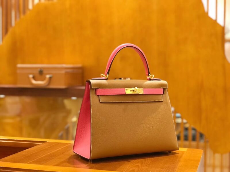 爱马仕 Kelly 28cm 金棕拼唇膏粉 Epsom 掌纹小牛皮 金扣 原版蜜蜡线 顶级手缝 - Image 2