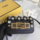 FENDI 芬迪 305A 水晶钻GOLD EDITION小牛皮迷你 双F扣链条包肩背包 黑色