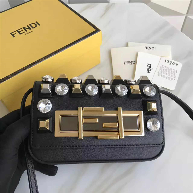 FENDI 芬迪 305A 水晶钻GOLD EDITION小牛皮迷你 双F扣链条包肩背包 黑色