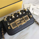 FENDI 芬迪 305B 金钻GOLD EDITION小牛皮迷你 双F扣链条包肩背包 黑色