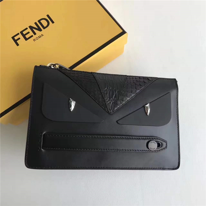 FENDI 芬迪 355 升级版BAG BUGS眼睛图案蛇皮鳄鱼皮镶饰手拿包 黑色