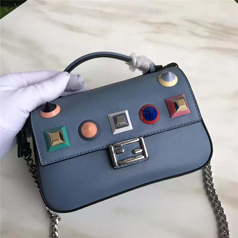 FENDI 1765 17新款小牛皮彩色铆钉包 两面开合 双F扣链条包 孔雀蓝