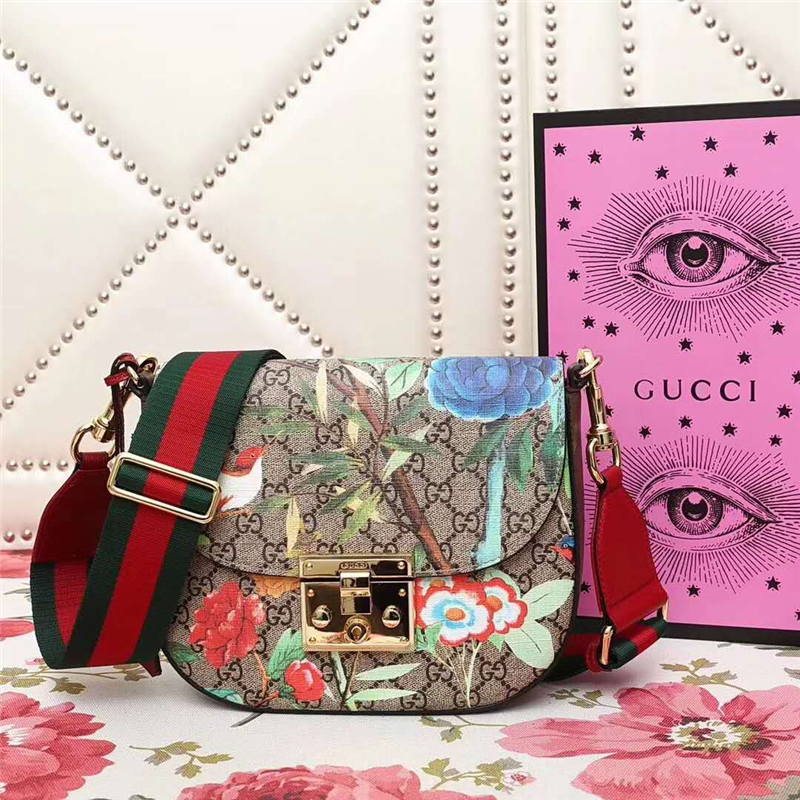 453189 Gucci Supreme Tian 花鸟印花 金扣 斜挎马鞍包 乌木色